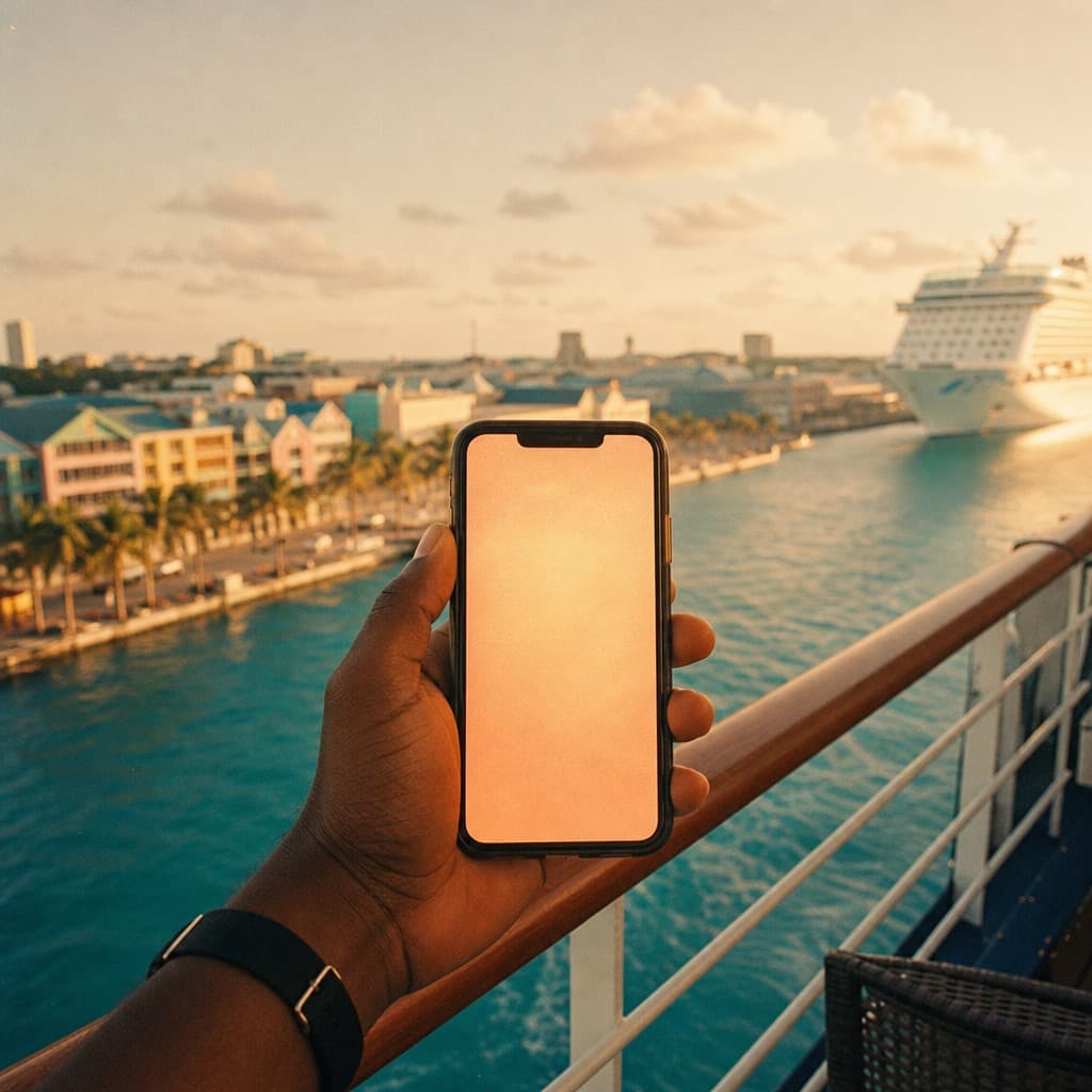 A passenger on a cruise ship deck holding up a phone, the pastel Nassau waterfront and turquoise harbour behind them