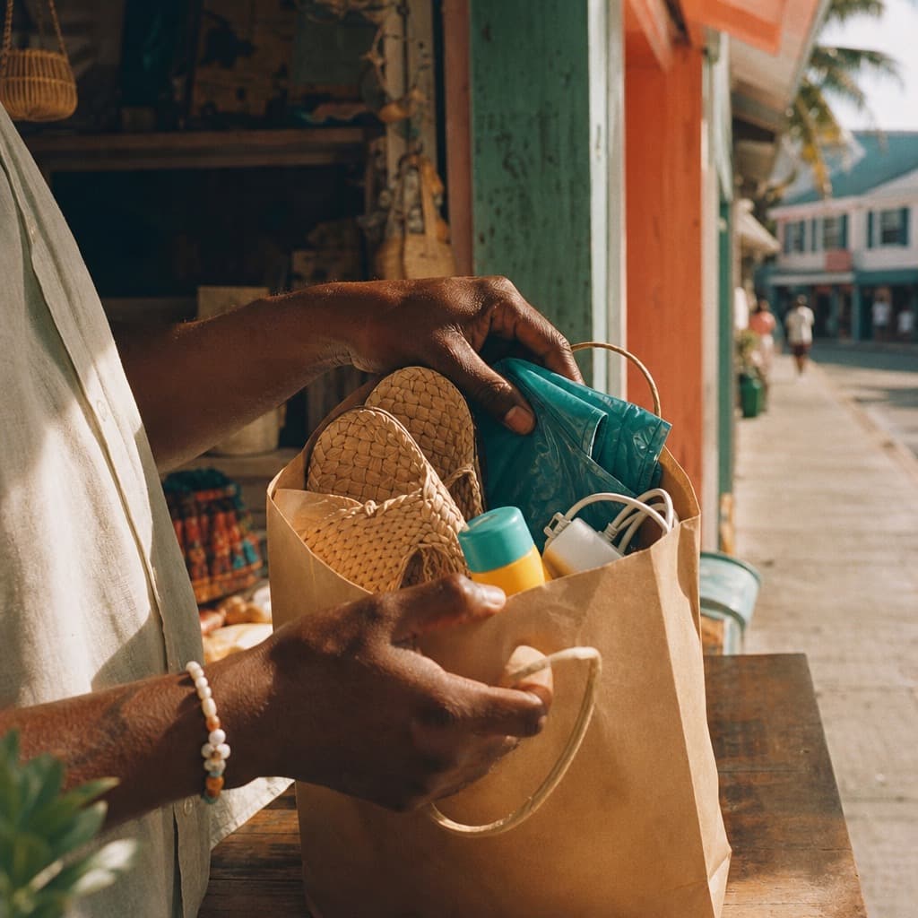 A Bahamian runner packing sunscreen, sandals and a charger into a kraft paper bag at a colourful Nassau street market